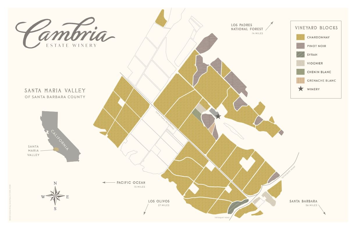 Map of Cambria Estate Winery in Santa Maria Valley, CA, showing vineyard blocks planted with Chardonnay, Pinot Noir, Viognier, and Syrah, with the winery marked at the estate's center.